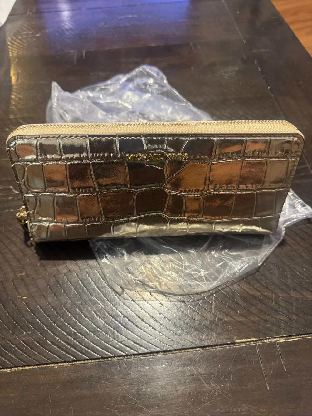 Michael Kors Gold Zip-Around Leather Wristlet Wallet with Detachable Strap